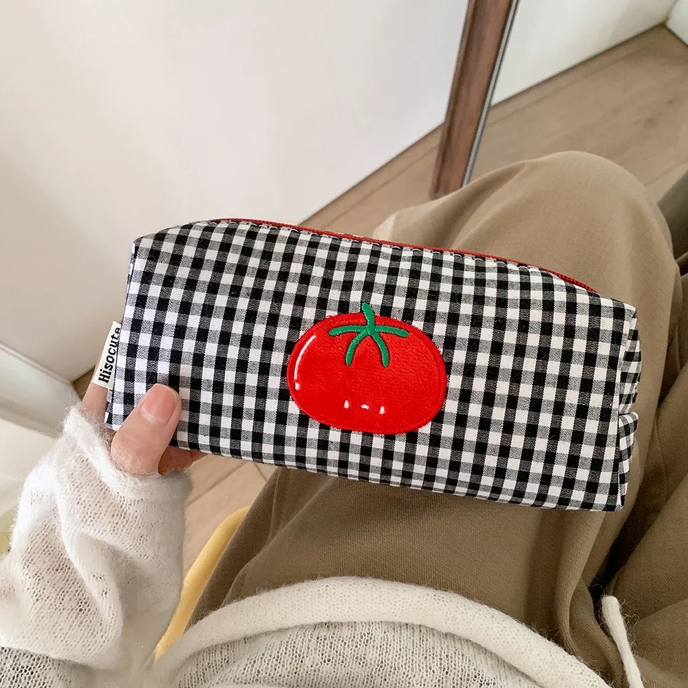 sac de maquillage à carreaux couleur tomate, sac de rangement pour pinceaux de maquillage, trousse à crayons portable de grande capacité