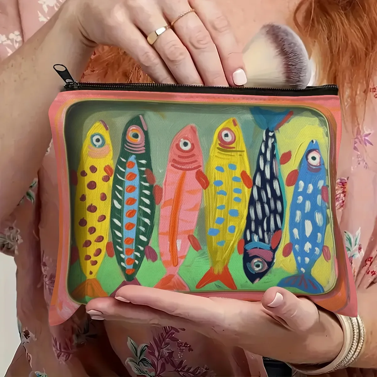 sac cosmétique durable à motif de poisson rayé coloré | pochette de maquillage et porte-monnaie multifonctionnels à fermeture éclair