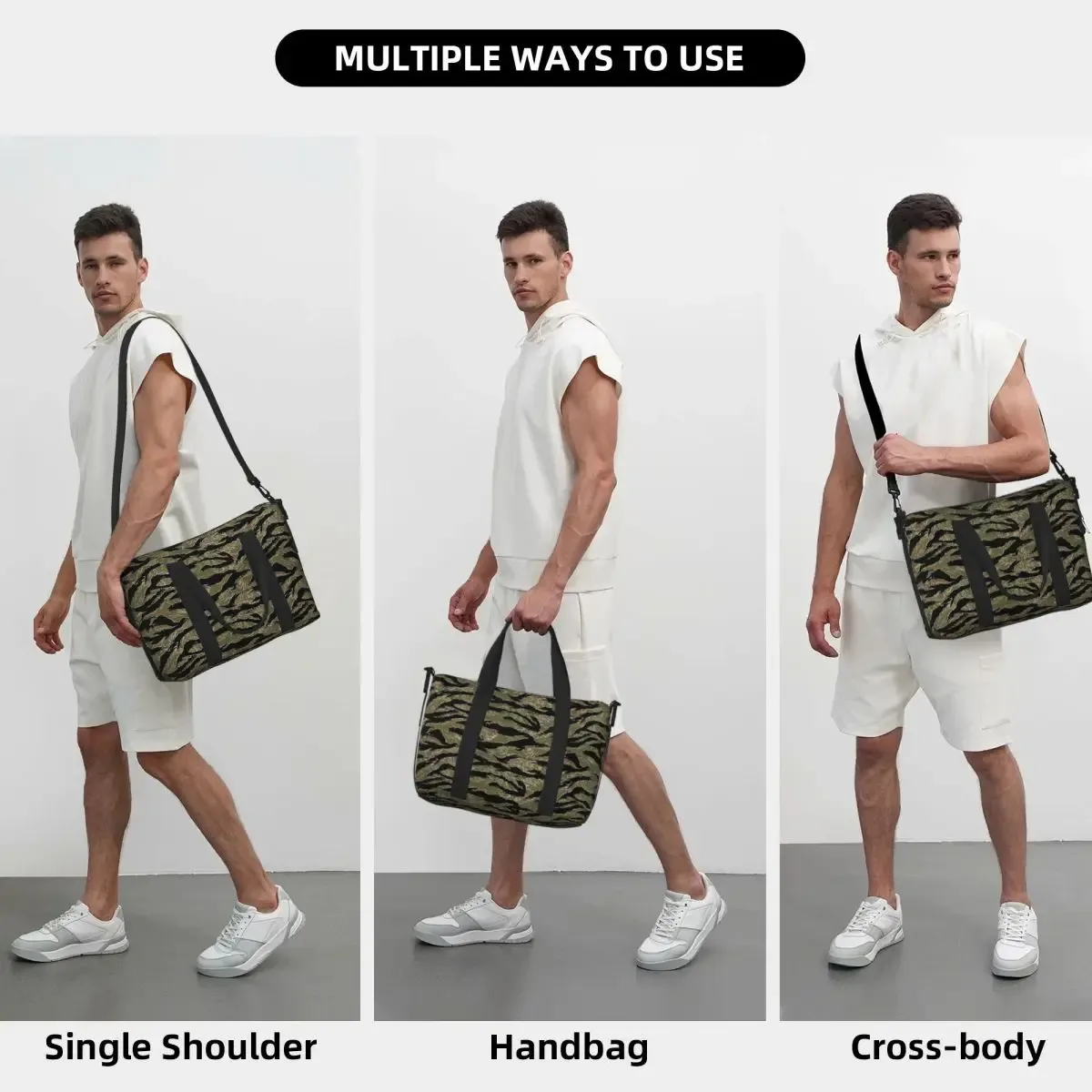 sac de voyage de plage de camouflage militaire à rayures de tigre, fourre-tout de grande capacité pour salle de sport, yoga, sac à bandoulière de shopping pour femmes