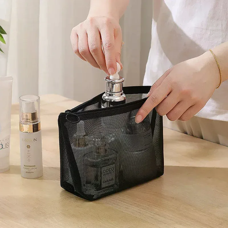 sacs à cosmétiques transparents en maille portables, petit grand sac de maquillage noir, étui de rangement de toilette de voyage, pochette de rangement de rouge à lèvres
