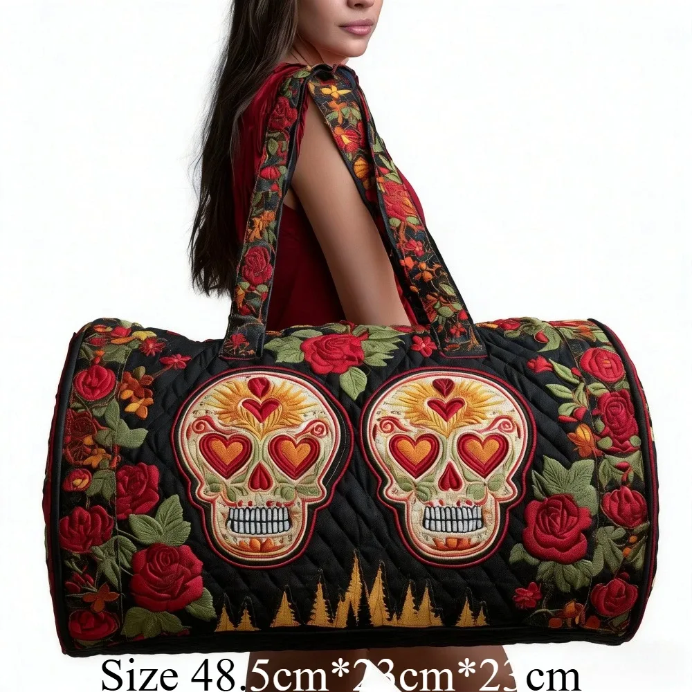 sac de voyage matelassé 3d vintage gothique imprimé crâne et rose, sac de week-end, bagage cabine, sac à main y2k style motard chic, sacs de vacances uniques
