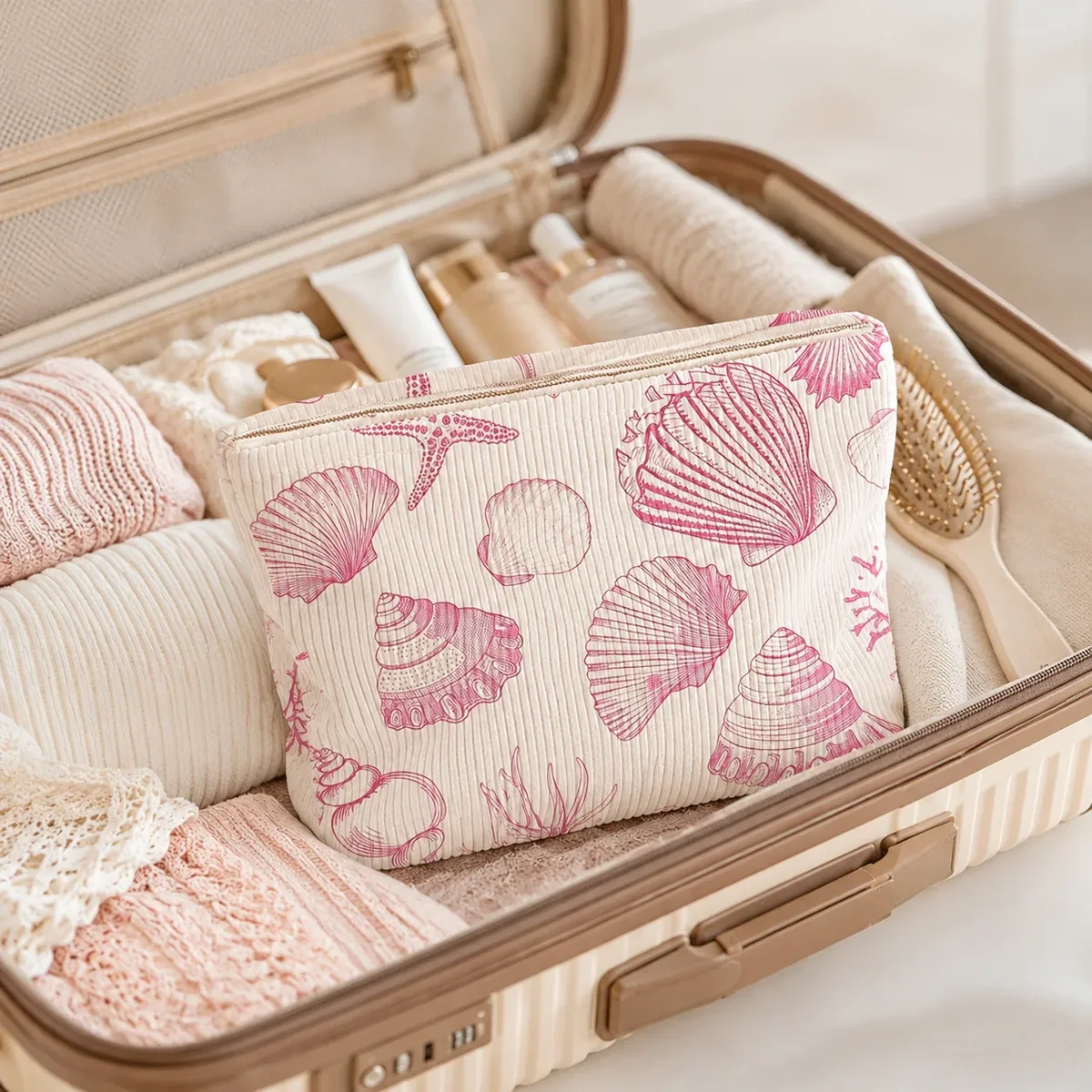 trousse de maquillage femme en velours côtelé rose imprimé coquillage grande capacité avec fermeture éclair pour voyage, plage et articles de toilette