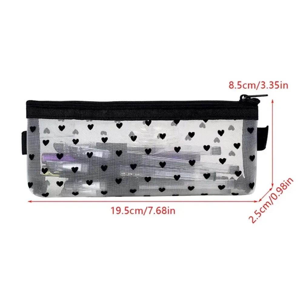 sac de rangement de cosmétiques transparent portable, sac de maquillage en maille imprimé cœur noir mignon, pratique à transporter, sac à crayons à fermeture éclair