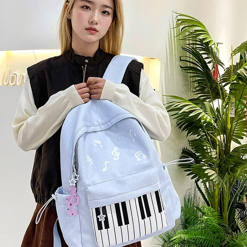 sac à dos à touches de piano à pois, sac à dos de style japonais à blocs de couleur, sac à dos en forme de piano de style scolaire, grand sac de voyage pour femmes