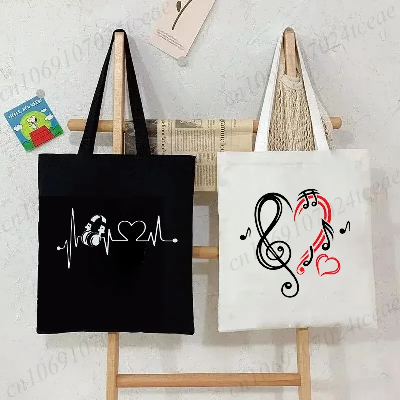 sac fourre-tout en toile pour femme, motif notes de musique, grande capacité, réutilisable, pour le quotidien