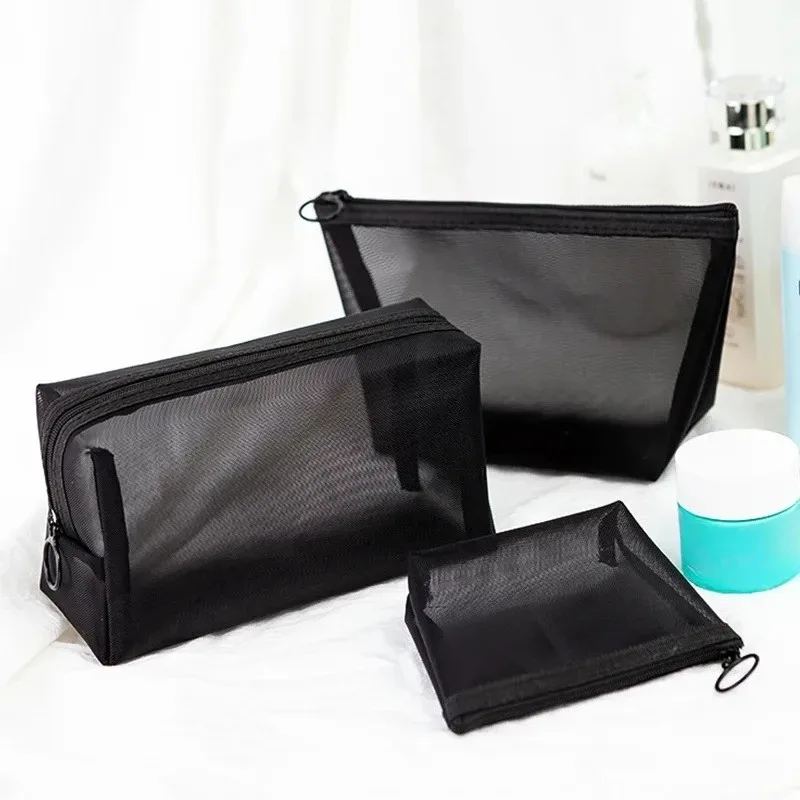 lot de 3 trousses de toilette transparentes en maille, légères et portables, pour maquillage et rangement, noires