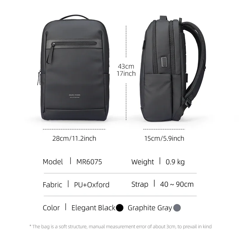 sac à dos professionnel fin mark ryden, sacoche pour ordinateur portable 15,6 pouces avec port de charge usb et sangle de fixation pour bagage