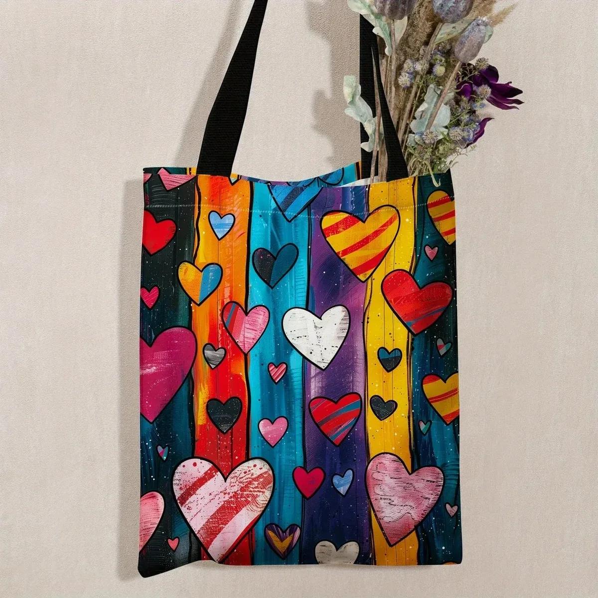 sac fourre-tout floral, illustrations florales vibrantes, sac de shopping réutilisable, sac fourre-tout à motifs de cœurs arc-en-ciel, grand sac de rangement pour achats.