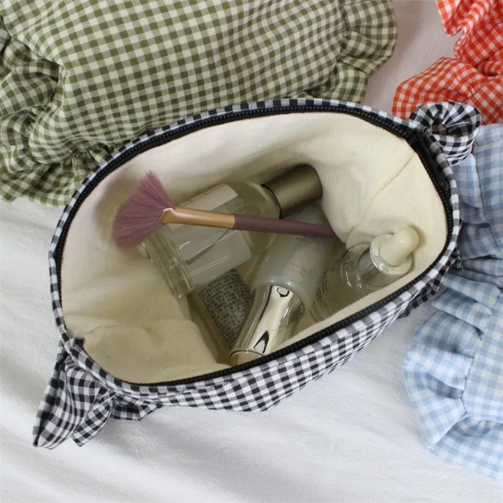 trousse de maquillage à volants et à carreaux durable grande capacité pochette cosmétique portable sac à main zippé maison & voyage