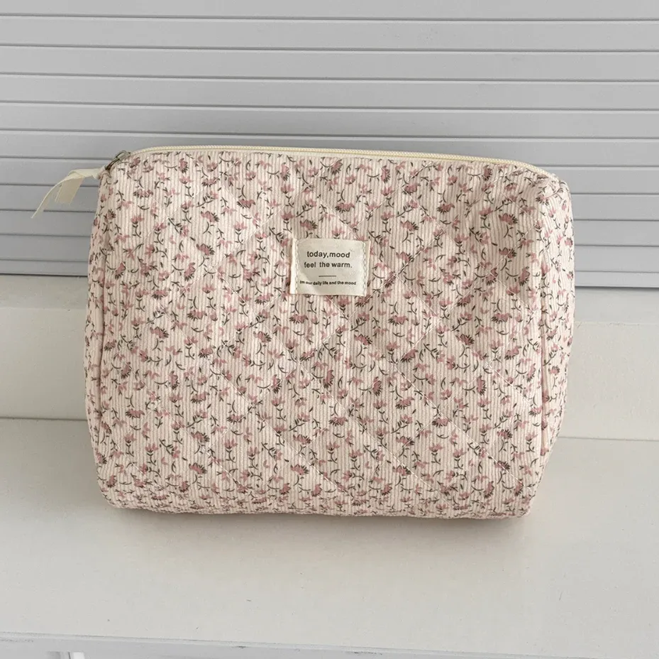 sac de rangement de voyage en coton matelassé pour femmes, sacs à cosmétiques rétro cerise, design mignon, trousse à crayons pour filles, trousse de maquillage, sacs à main