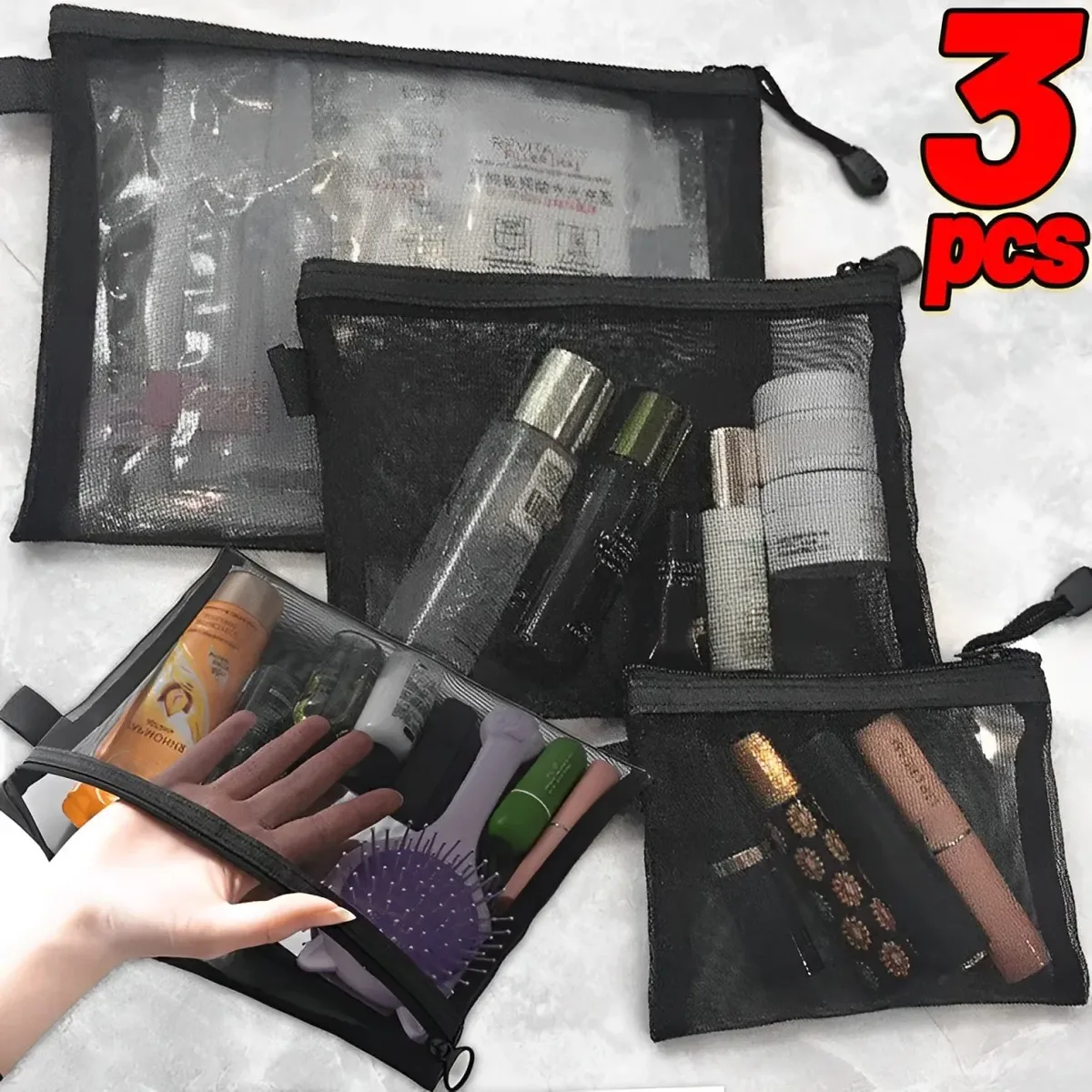 sacs à cosmétiques en maille noire, organisateur de toilette de voyage portable, pochette de rangement de rouge à lèvres, support de sac à main, sac de maquillage transparent s/m/l 1/3 pièces