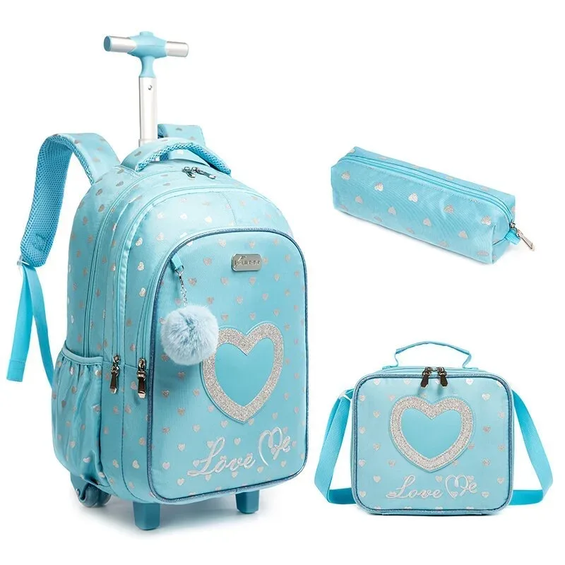 Ensemble de sac à dos à roulettes pour enfants avec boîte à lunch, sac à dos scolaire à roulettes, sac à dos trolley pour filles