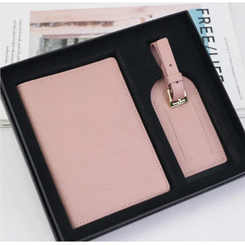 pebble style top layer of cowhide simple portable passport holder travel passport clip anti loss luggage tag gift box packaging