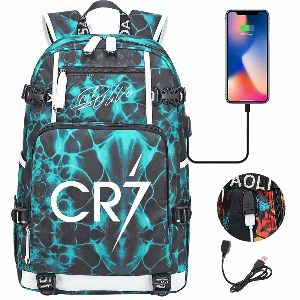 football star cr7 usb grande capacité étudiant mochila femmes hommes ordinateur portable voyage sac à dos garçons filles enfants retour à l'école livre sacs