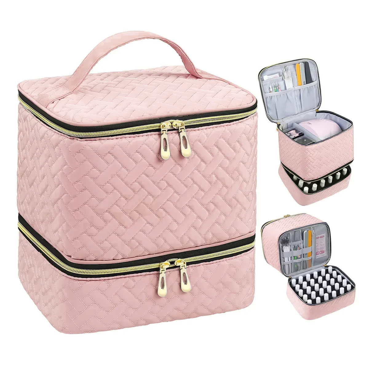 organisateur de vernis à ongles avec lumière uv intégrée, étui de transport double couche pour vernis à ongles, capacité de 30 flacons, sac de rangement, kit de manucure