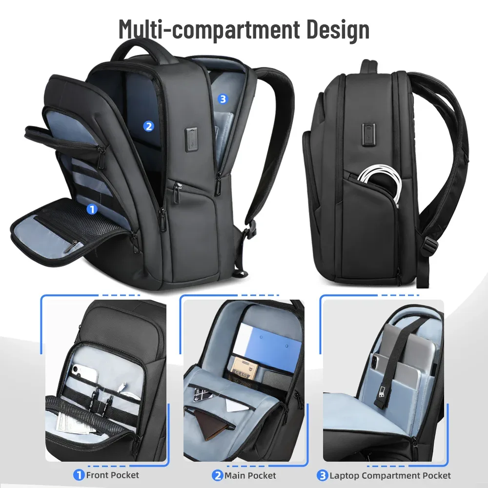 hk sac à dos d'affaires multifonctionnel hommes sac à dos de voyage de grande capacité étanche 17.3 "sac pour ordinateur portable avec usb sac à dos de travail de bureau