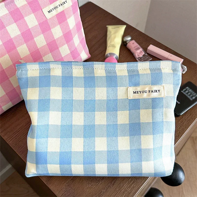 nouvelle trousse de toilette rose et bleue à carreaux, souple, pliable, grande capacité, sac cosmétique à motif écossais, pochette de rangement de maquillage de voyage, portable avec fermeture éclair
