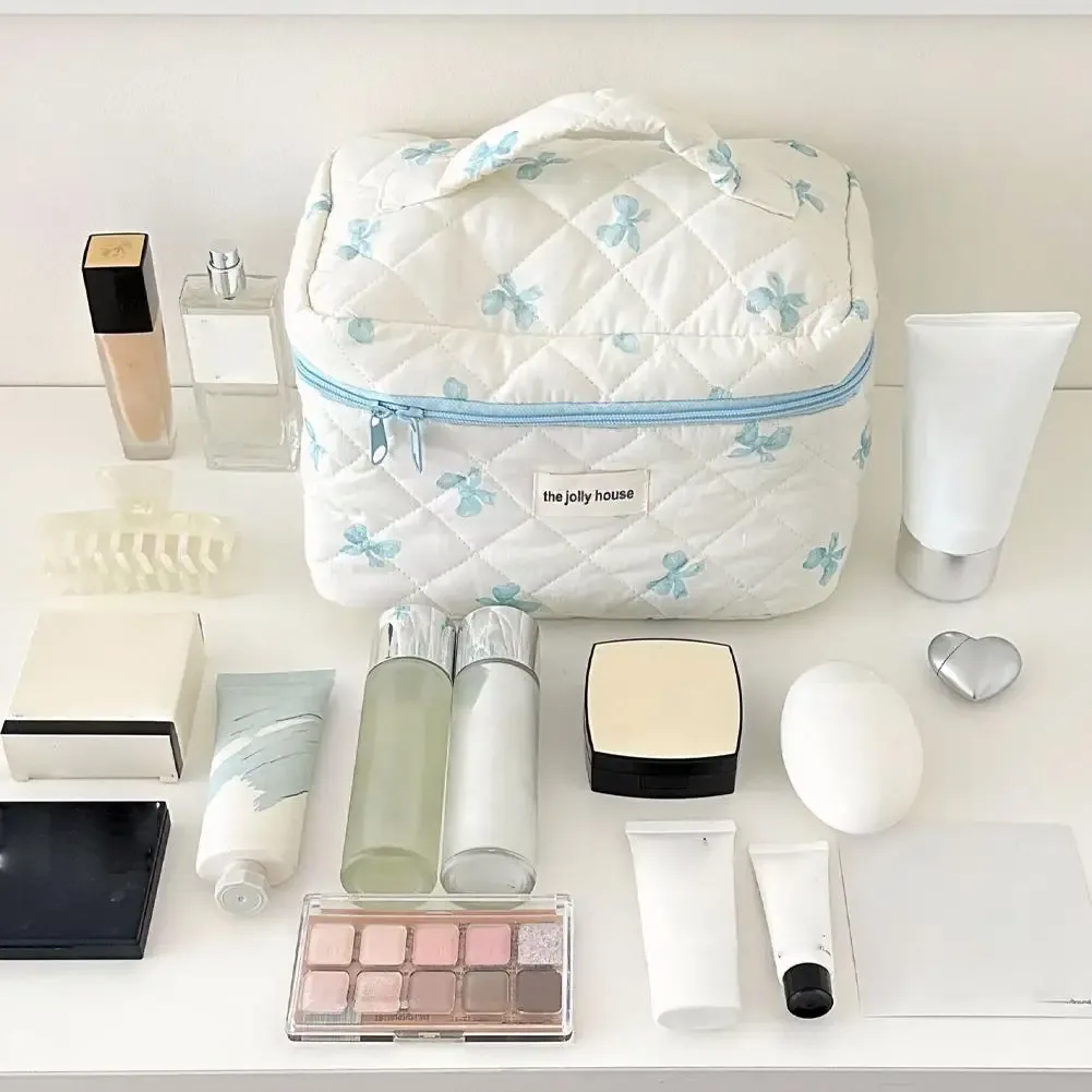 sac de maquillage imprimé nœud coréen pour femmes, trousse à cosmétiques portable de grande capacité pour voyage, sac de rangement pour articles de toilette et cosmétiques