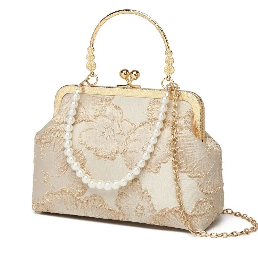 Sac bandoulière en polyester, sac de soirée mi-souple, sac fourre-tout perlé, sac à main léger brodé de fleurs pour le voyage et les tenues Cheongsam