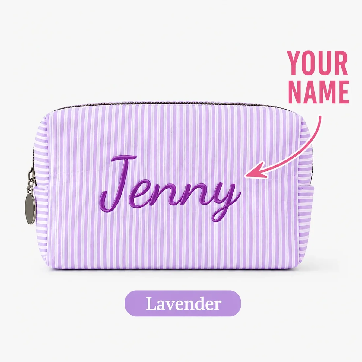 trousse de maquillage personnalisée avec nom pour femmes, pochette cosmétique rayée avec fermeture éclair, sac de rangement personnalisé pour articles de toilette de voyage
