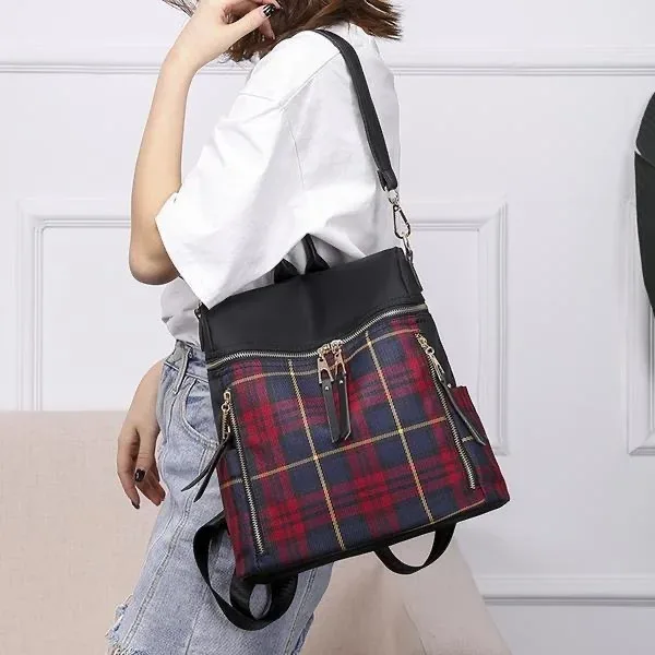 sac à dos vintage à carreaux antivol 3 en 1, sac à bandoulière convertible, sac à main en nylon résistant à l'eau pour femmes, pour les trajets quotidiens