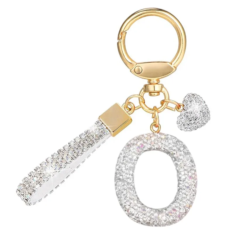 porte-clés avec lettres blanches brillantes, alphabet a-z pour porte-clés de voiture/sac à dos et cadeau avec lanière ajoutée