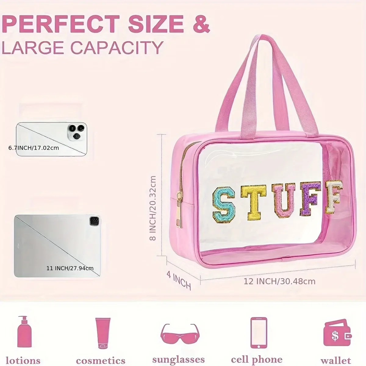 sacs de rangement de toilette, organisateurs de cosmétiques de voyage de grande capacité, sacs à cosmétiques avec lettres en chenille, pochettes de maquillage transparentes