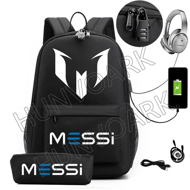 2 pièces messi sac à dos an-ti lock usb femmes hommes capacité adolescents sacs d'école pour ordinateur portable décontracté lycéens mochilas