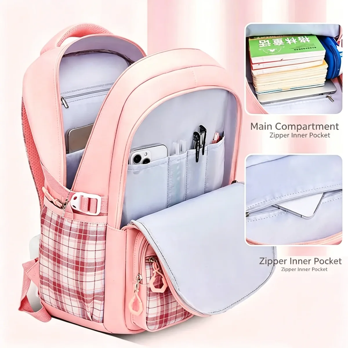 sac à dos à carreaux pour protection de la colonne vertébrale, ergonomique, pour élèves du primaire, filles, grande capacité, léger et étanche