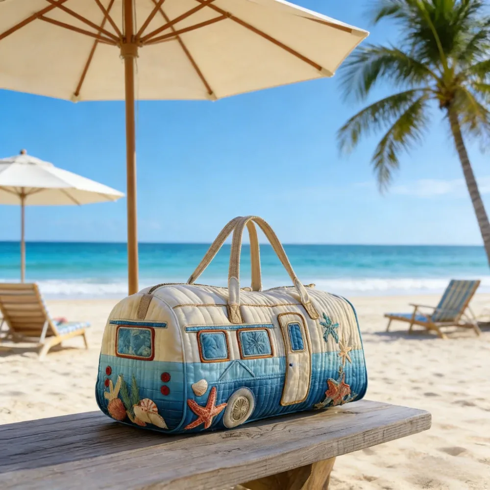 sac de voyage matelassé imprimé en 3d, design camping-car, avec coquillages et étoiles de mer, léger, sac de week-end, sac de voyage, sac de transport
