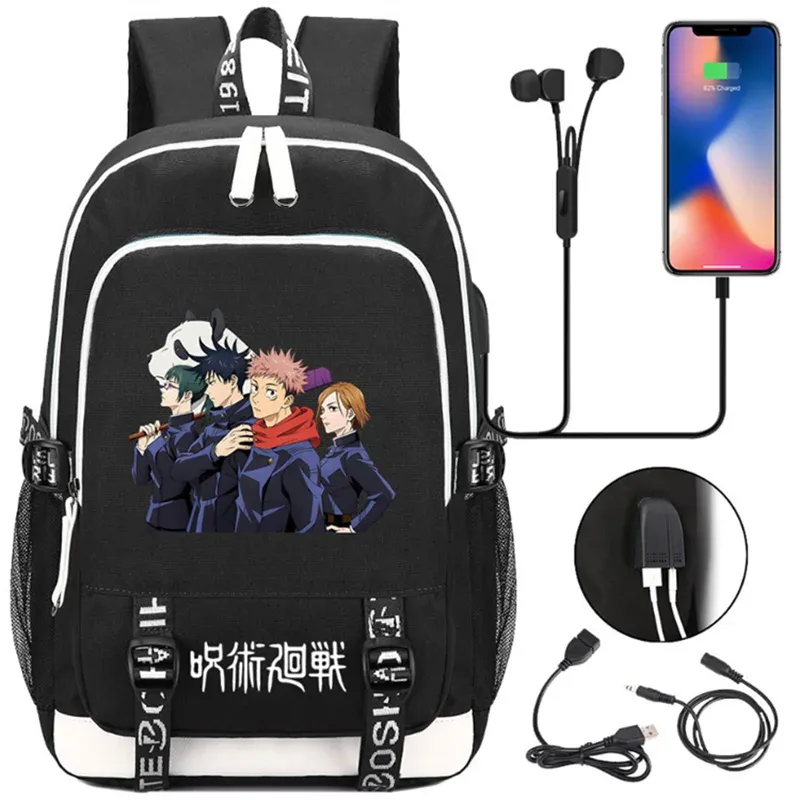 jujutsu kaisen anime sacs à dos adolescents livre cartable unisexe mode usb port de charge ordinateur portable voyage épaule en plein air mochila