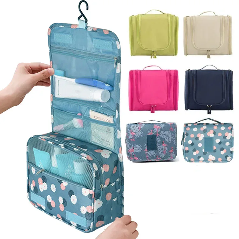 trousse de toilette de voyage suspendue imprimée fleurs multicolores, imperméable avec crochet et multiples compartiments pour cosmétiques et soins de la peau