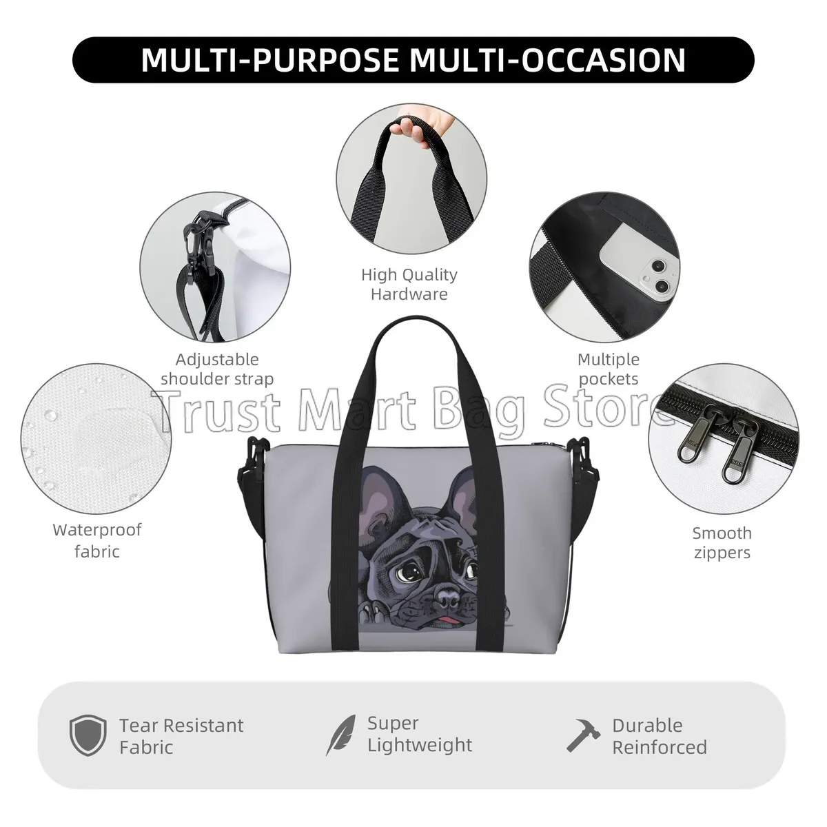 sacs polochons de voyage imprimés d'art bouledogue français, fourre-tout de sport léger, sac de sport, sac de week-end à bandoulière pour hommes et femmes