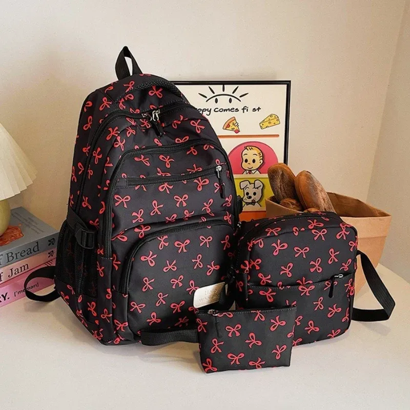 3 pièces/ensemble mode coréenne nœud imprimé femmes mode sac à dos léger simple étudiant sac d'école sangle réglable voyage sac à dos