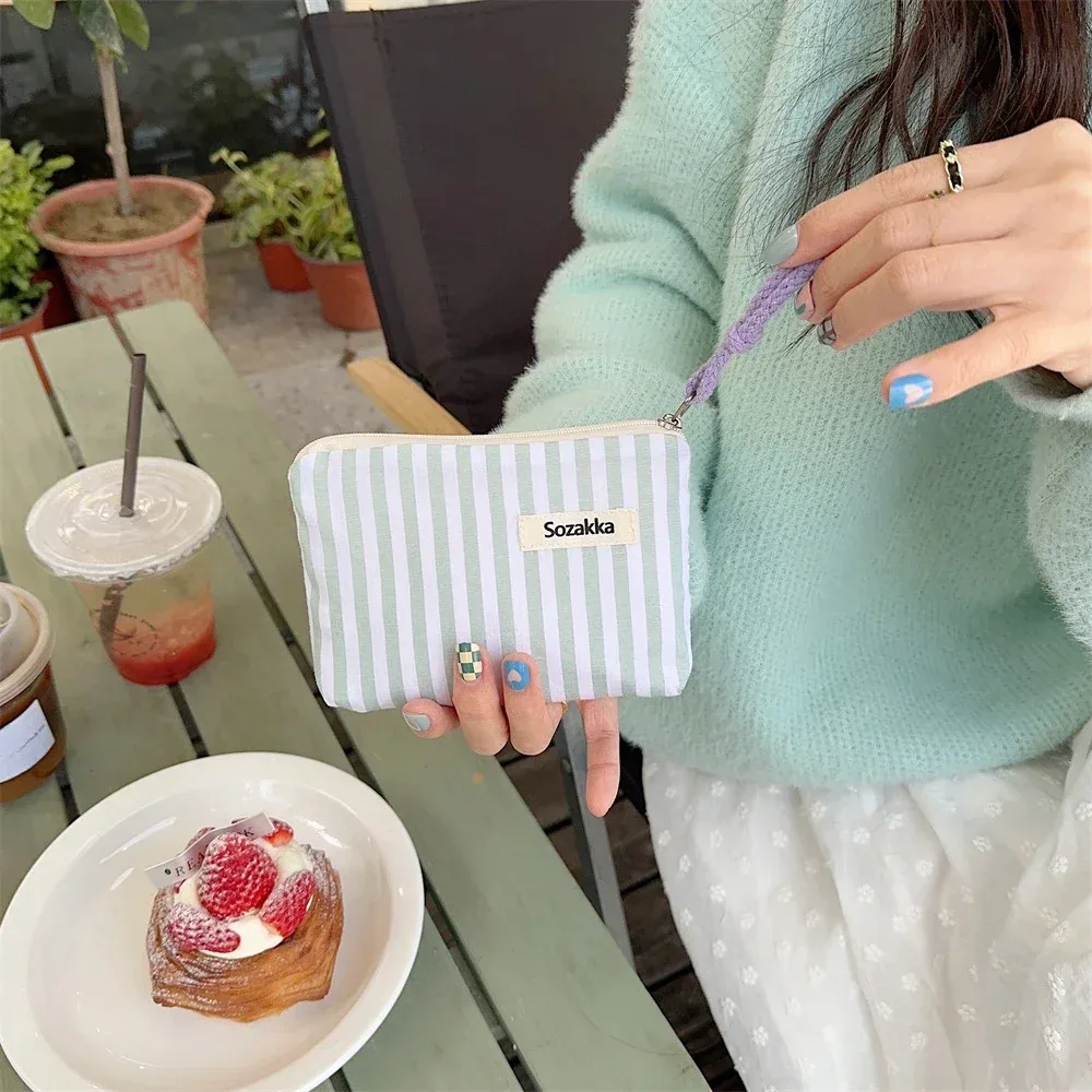 petit sac à cosmétiques mignon, mini organisateur rayé en toile pour femmes, sac de maquillage pour rouge à lèvres, sac à main