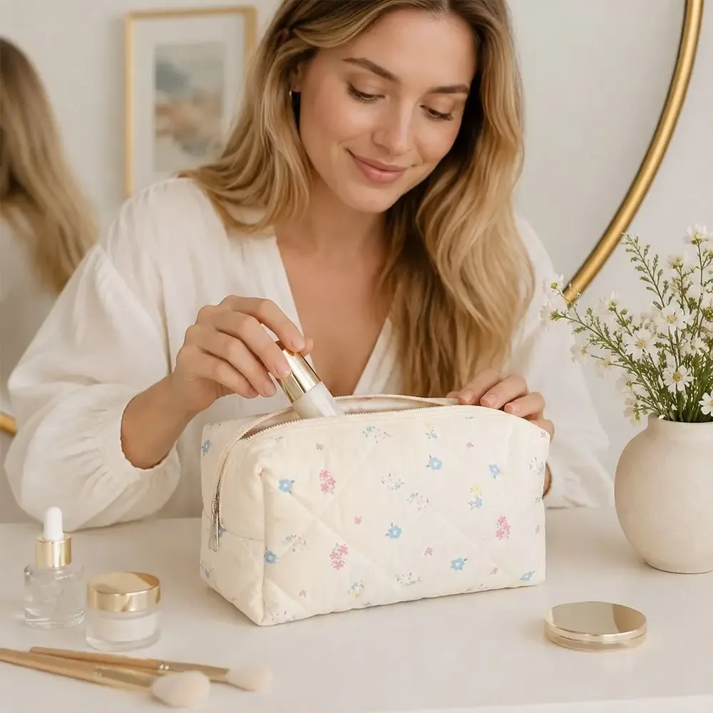 trousse de maquillage durable en coton doux, imprimé floral matelassé, grande capacité, pochette cosmétique, trousse de toilette pour soins de la peau et essentiels de beauté