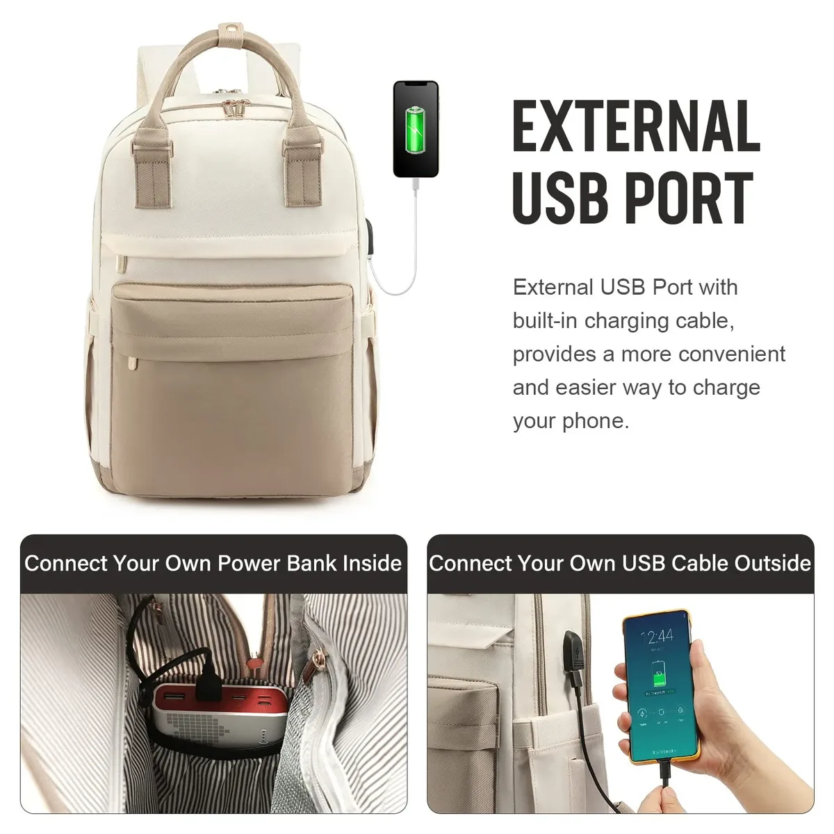 sac à dos décontracté pour femme, sac à main en nylon imperméable et tendance, sac à dos pour ordinateur portable de 15,6 pouces avec port usb pour voyage et randonnée