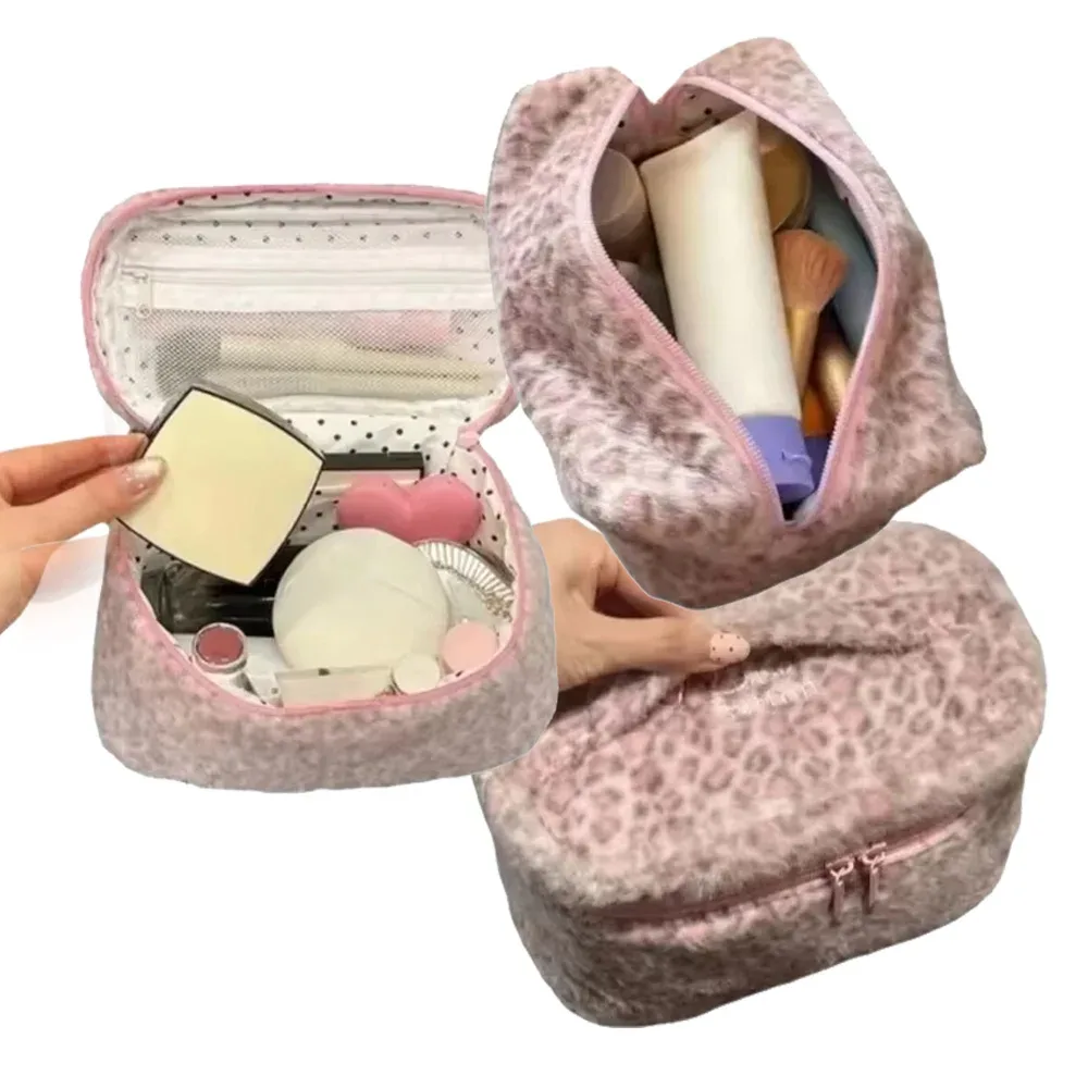 Sac de maquillage en tissu léopard rose brun, grande capacité, trousse de toilette de voyage pour femmes, rangement cosmétique