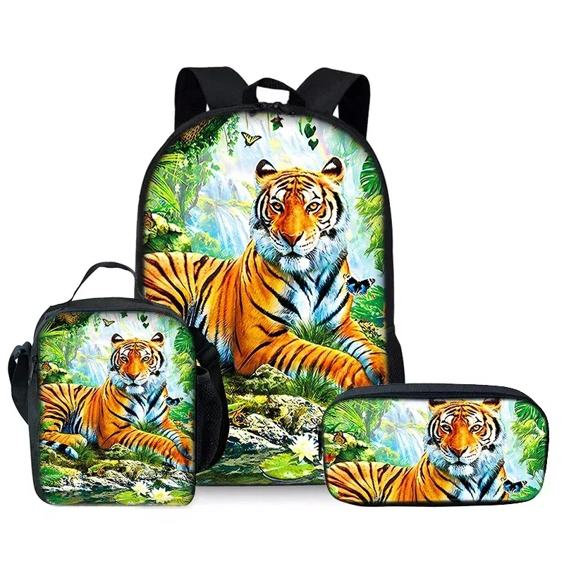 Ensemble de sacs à dos trois pièces Anime Tiger pour garçons et filles, meilleurs cadeaux, sac à dos d'école de dessin animé 3D pour enfants