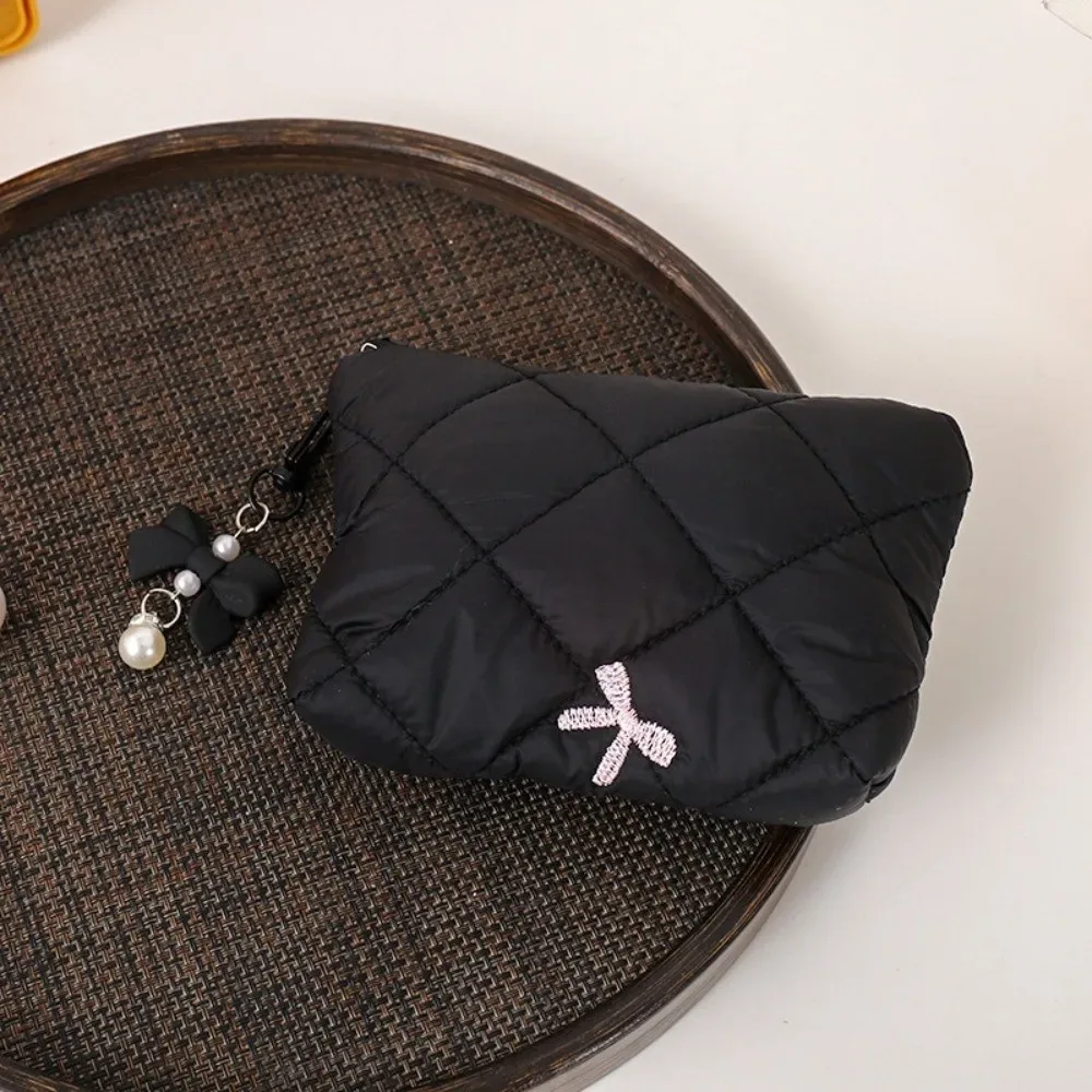 sac de maquillage en coton matelassé, sac de rangement pour serviettes hygiéniques, coquette à nœud, pochette pour écouteurs de rouge à lèvres de grande capacité