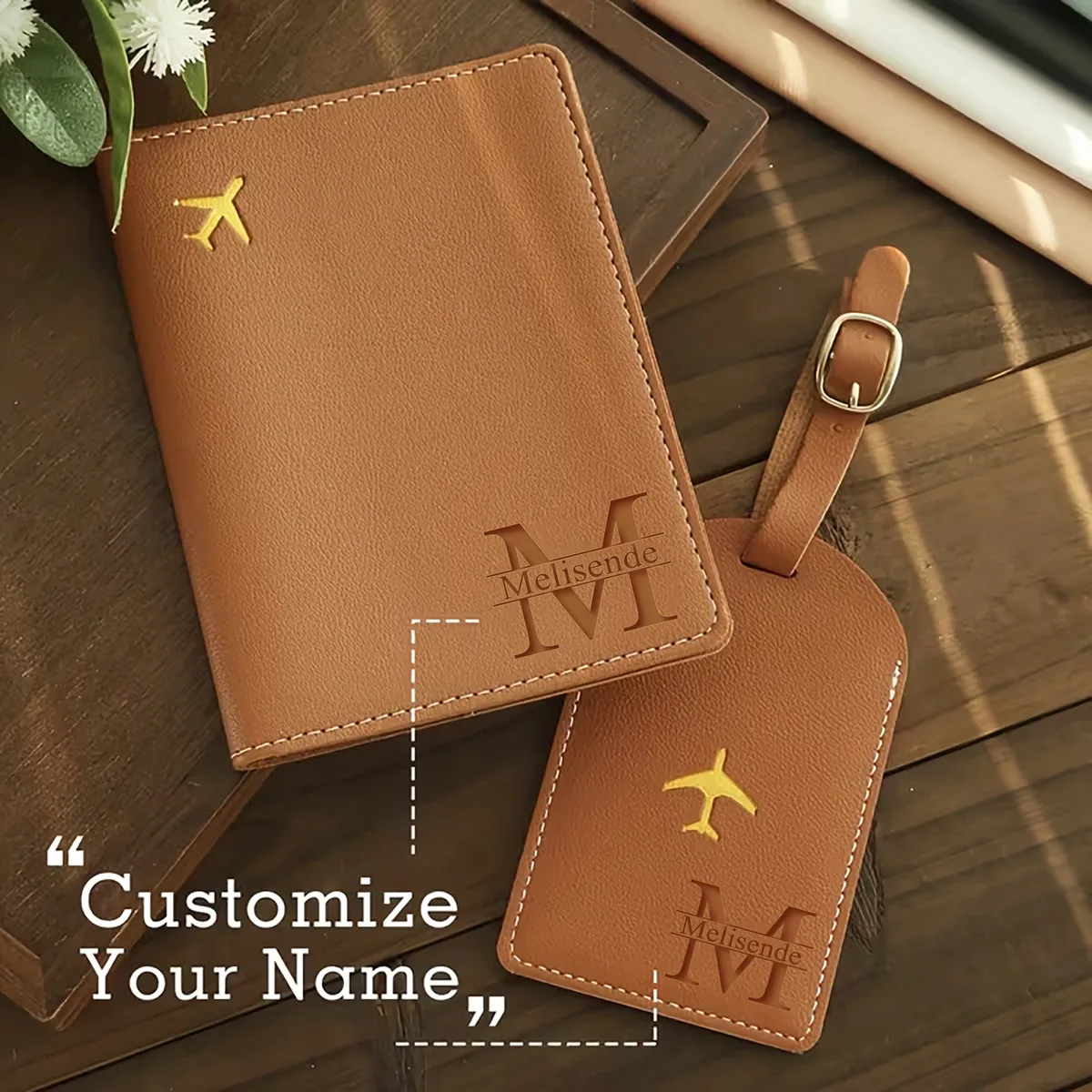 Ensemble de porte-passeport et d'étiquette à bagages en similicuir PU personnalisable avec gravure au laser, bouton-pression, essentiels de voyage