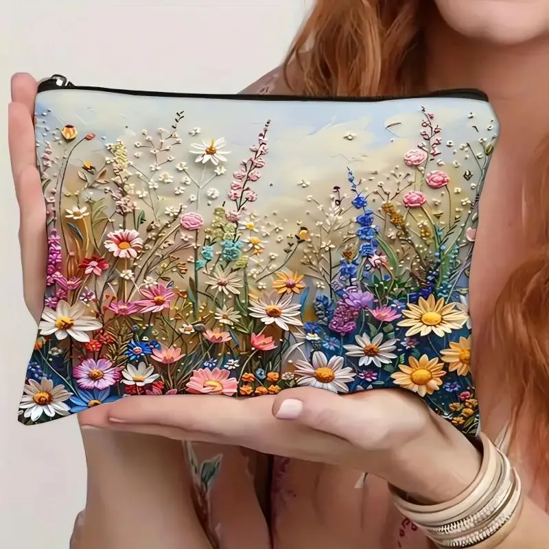 pochette de maquillage imprimée florale double face style boho, organisateur de voyage, sac à main en lin pour femmes, sac de rangement de cosmétiques pour cadeau
