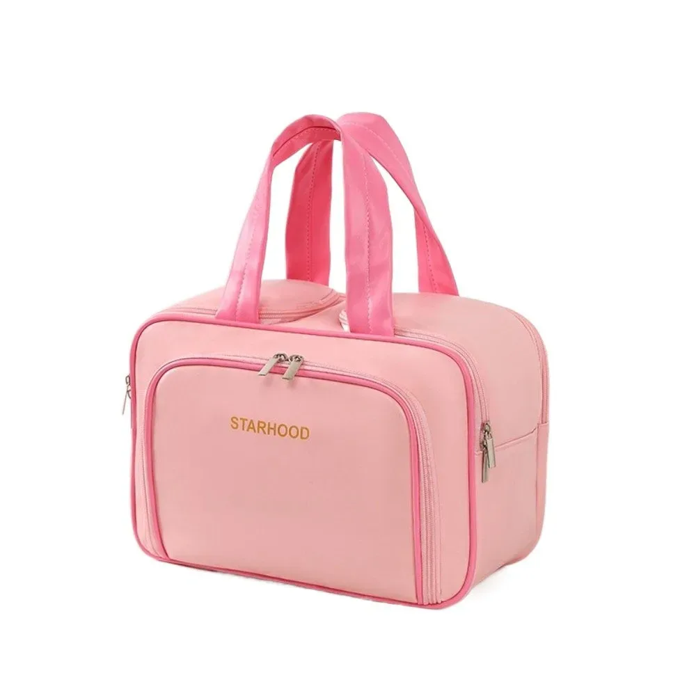 trousse de toilette de voyage de grande capacité, organisateur de maquillage léger en pu, plusieurs compartiments, poignée, mallette de rangement de voyage, salle de bain