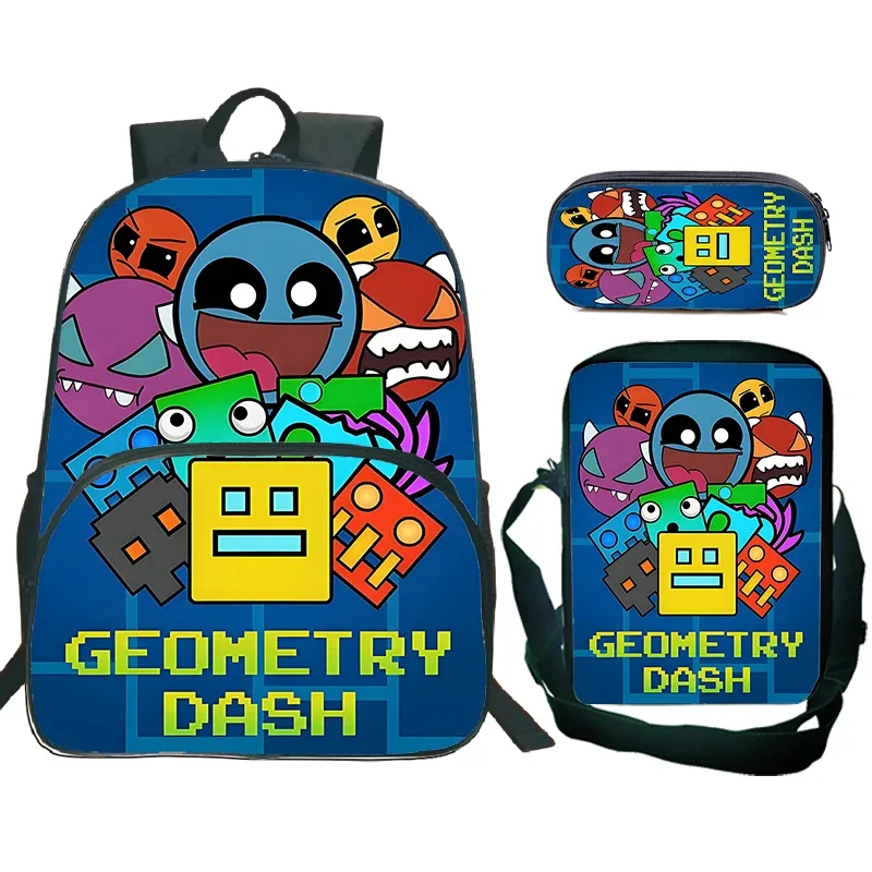 ensemble de 3 sacs à dos cartoon geometry dash pour garçons et filles, sac d'école de grande capacité, sac de voyage, sac à bandoulière pour enfants, sac à crayons