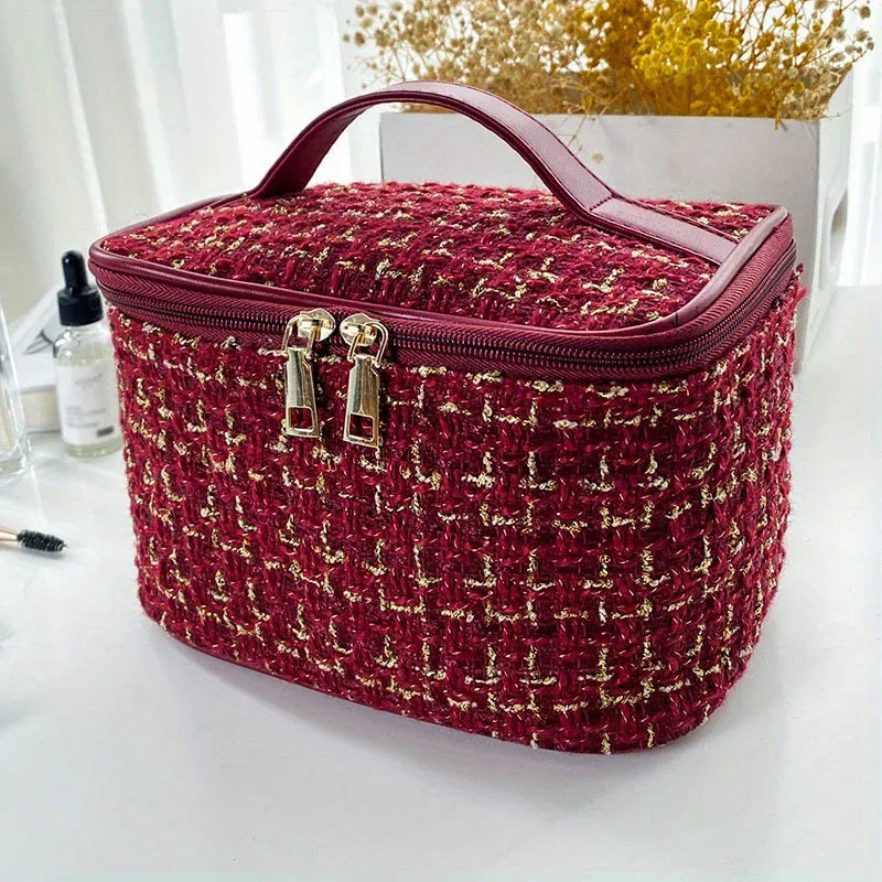 élégante trousse de maquillage en tweed avec poignée, sac de rangement cosmétique grande capacité, trousse de toilette portable pour femme