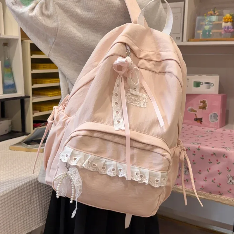sac à dos élégant pour étudiantes, multi-poches, avec nœud en dentelle, pour le campus, décontracté, avec nœud papillon, pour livres, pour filles, pour le shopping et les sorties