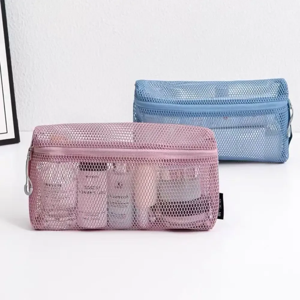 poudres de stockage en nylon décontractées, sac cosmétique en maille à main, polyvalent avec fermeture éclair,