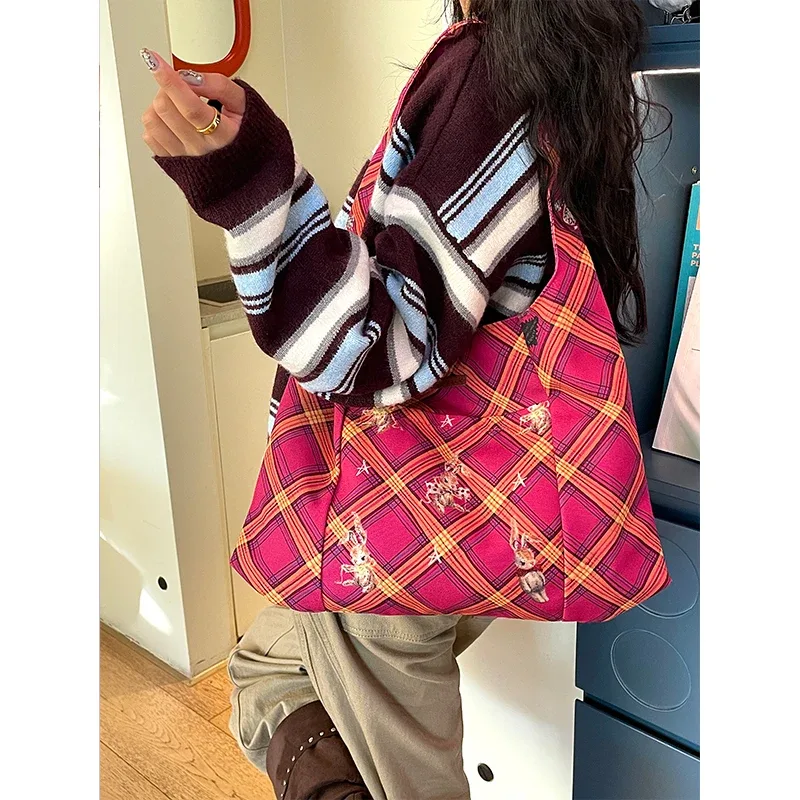 elfsack 2025 hiver nouveautés décontracté y2k dessin animé lapin couleur bloc plaid sac fourre-tout pour femme