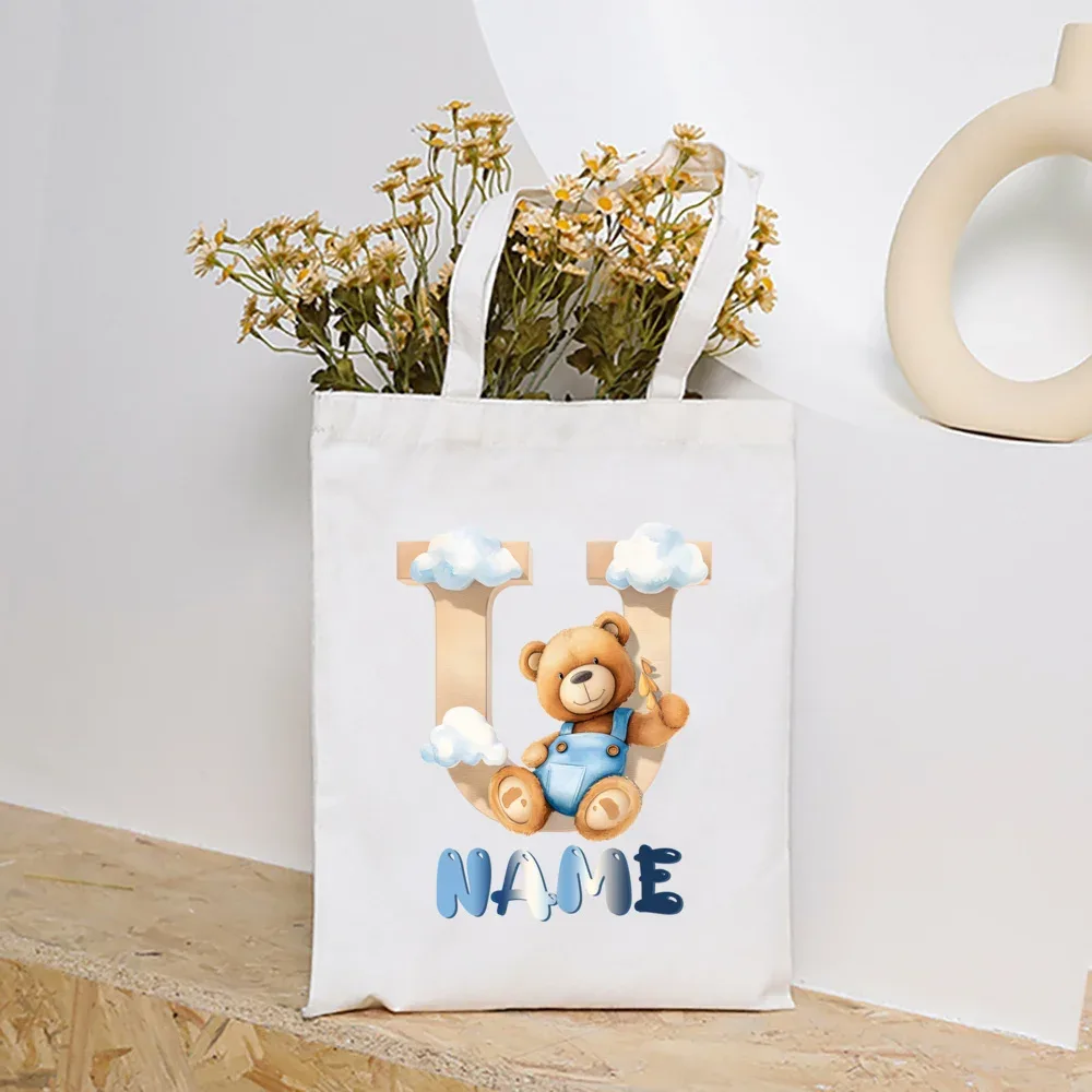 sacs fourre-tout en toile college nuage ours et alphabet personnalisés, sacs à main personnalisés de grande capacité, cadeaux de portabilité pour la rentrée scolaire