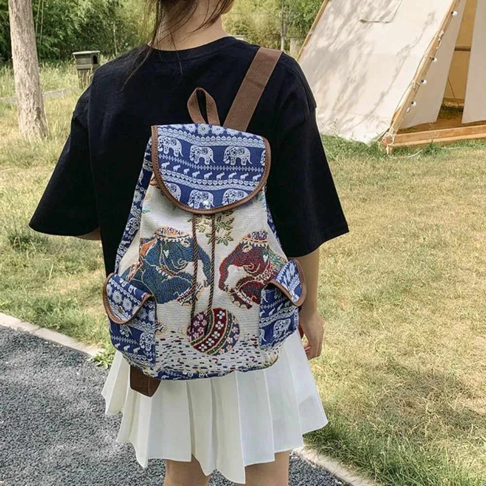 sac à dos décontracté en toile brodé style ethnique jacquard avec motif éléphant et hibou, sac seau à cordon pour la plage